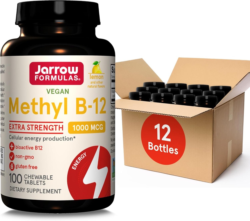 Jarrow Formulas Extra Strength Methyl B-12 1000mcg, Nahrungsergänzung für Cellular Energy Production und Brain Health Support, 100 Lemon-Flavored Chewable Tablets, 100 Tage Versorgung, Packung mit 12