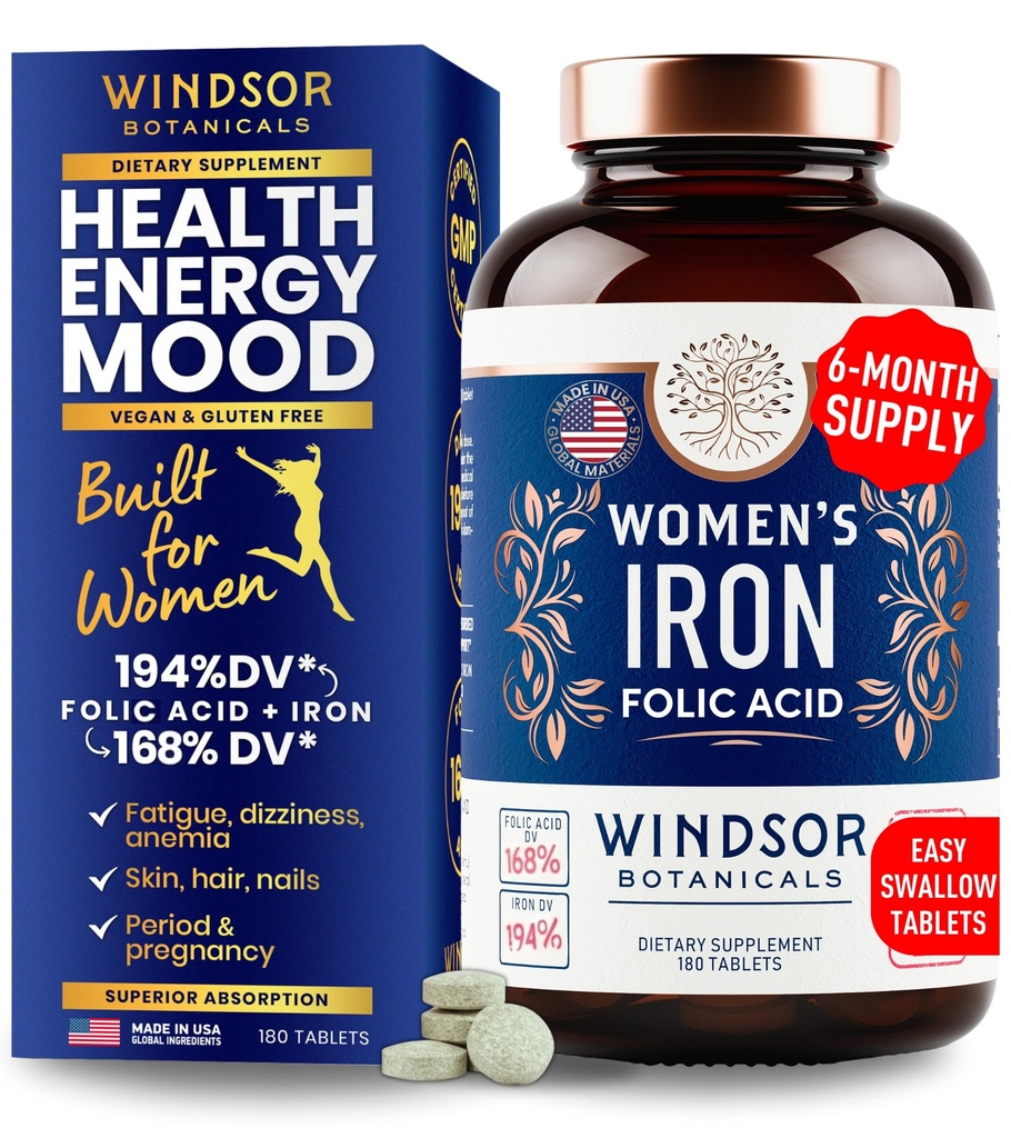Supplementi di ferro e acido folico per le donne - 35 mg di vitamina di ferro, acido folico 400mcg - Anemia, periodo, supplemento di sostegno alla gravidanza, pillole di solfato di ferro - 180 compresse non costipanti vegani