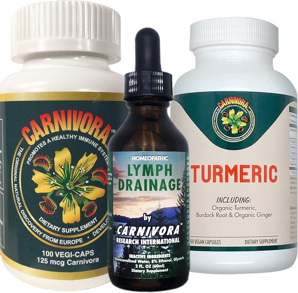 Carnivora Triple Play - Immunsystem Unterstützung, Lymphsystem Flush, und Verbesserung für Gelenke und Verdauung (Bundle mit 1 Flasche jeder von Carnivora Vegi-Caps, Lymph Drainage, und Turmeric)