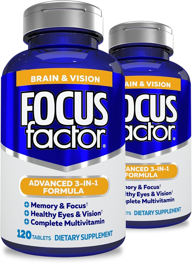 Focus Factor Adults Brain and Vision Supplement, 120 Count- Eye Vitamin, Mineral Supplement, Complete Multivitamin with Lutein & Zeaxanthin-Brain Supplement for Focus, Concentration, Memory (2 Pk)