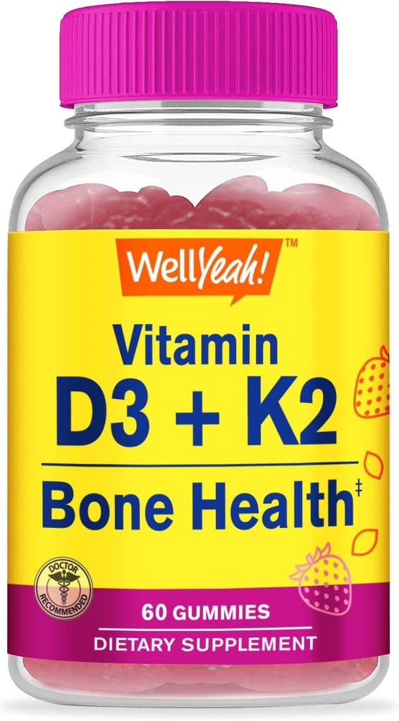 WellYes Vitamin D3 + K2 Gummies - Vitamina D3 1000 IU, K2 100 MCG - Supporto per la salute di ossa e del muscolo, aromi naturali, senza OGM, senza glutine, Vegan - K2 D3 Integratore di vitamina- 60 Gummies