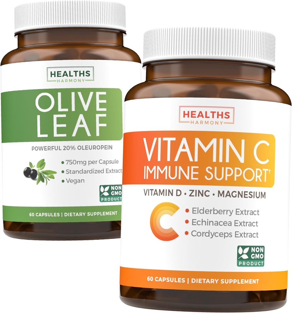 Économisez 4 $ (12 % de rabais) - Ensemble d'Immune à base de plantes - Extrait de feuille d'olive (non-OGM) Super résistance: 20% Oleuropein 750mg bouchons et soutien immunitaire - Vitamine C avec zinc, vitamine D, Elderberry & Echinacea (non-OGM)