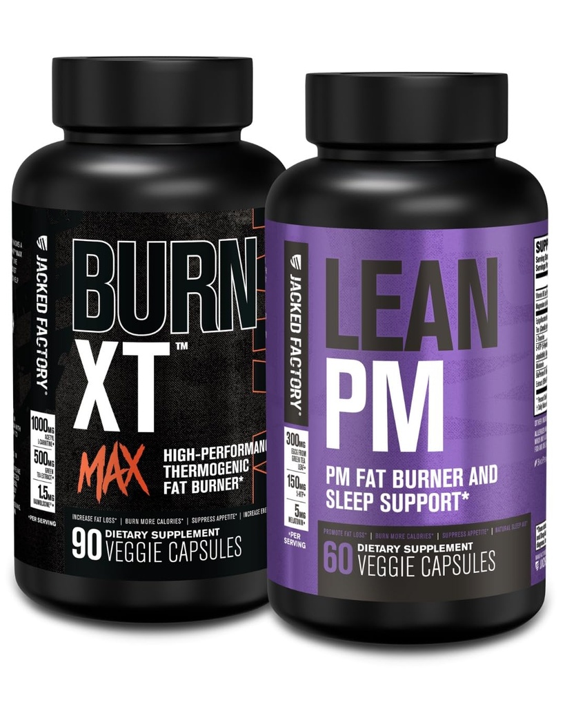 Jacked Factory 24/7 Fat Burner Stack - Burn XT MAX High Performance Fat Burner (90 capsule) - Lean PM Nighttime Sleep Support for Weight Loss and Appetite Suppression (60 capsule)