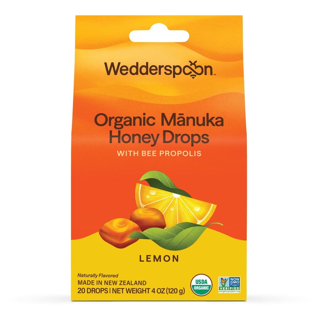 Wedderspoon Bio Manuka Honey Drops, Lemon & Bee Propolis, 20 Count (Pack von 1) | Echte neuseeländische Honig | Perfekte Remedy für trockene Bedrohungen