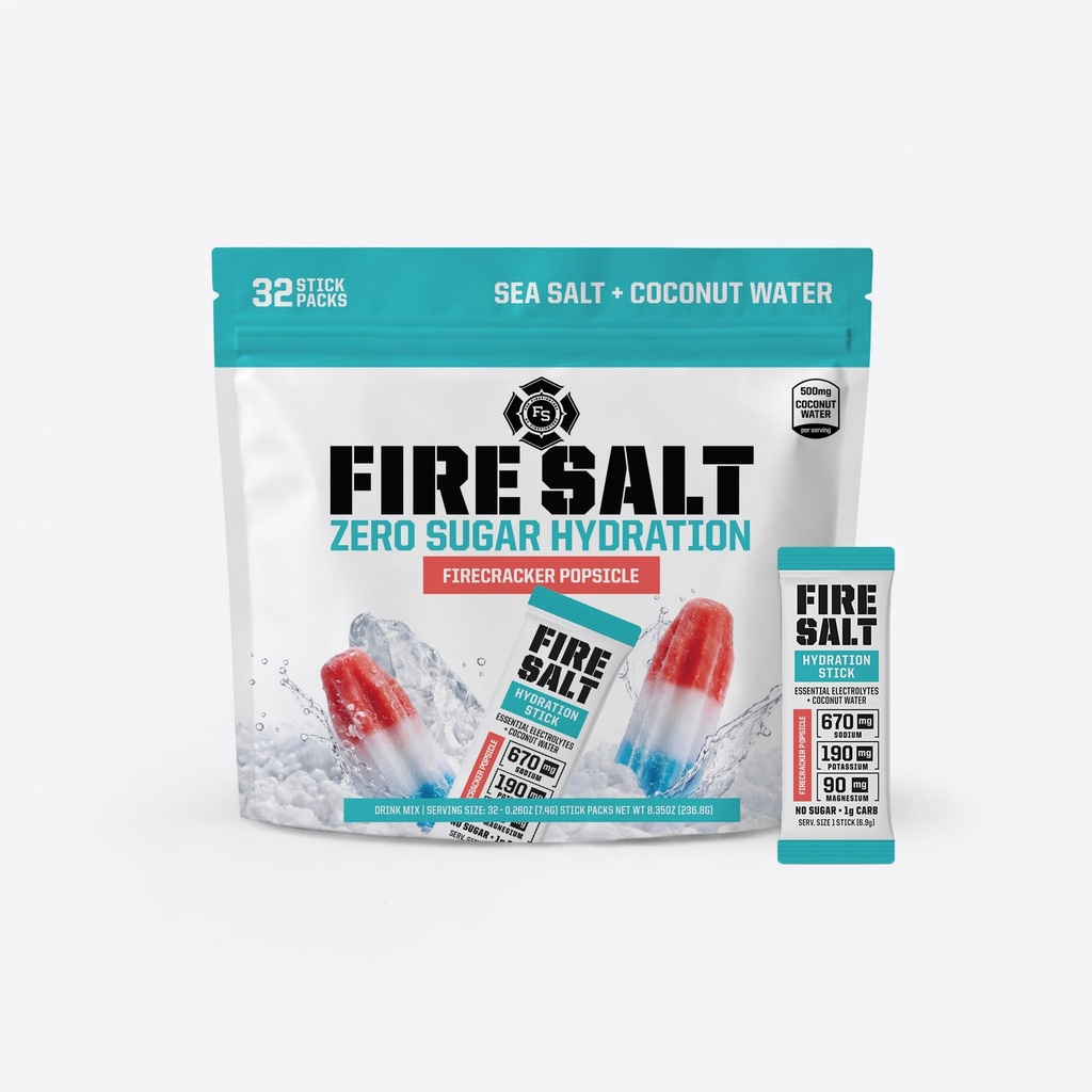 Fire Science Fire Salt Hydration Sticks, Electrolytes & Coconut Water, Hydration Drink Mix with Magnesium, Potassium & Sodium, Zero Sugar, Single Serve On the Go Packs, Firecracker Popsicle, 32 Count