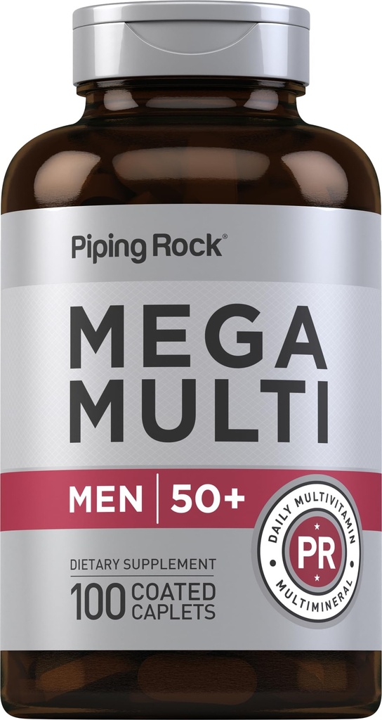 Piping Rock Multivitamin for Men Over 50 Plus | 100 Caplets | with Vitamin D3, Potassium, Folate | Daily Mega Multi Mineral Supplement | Non-GMO, Gluten Free