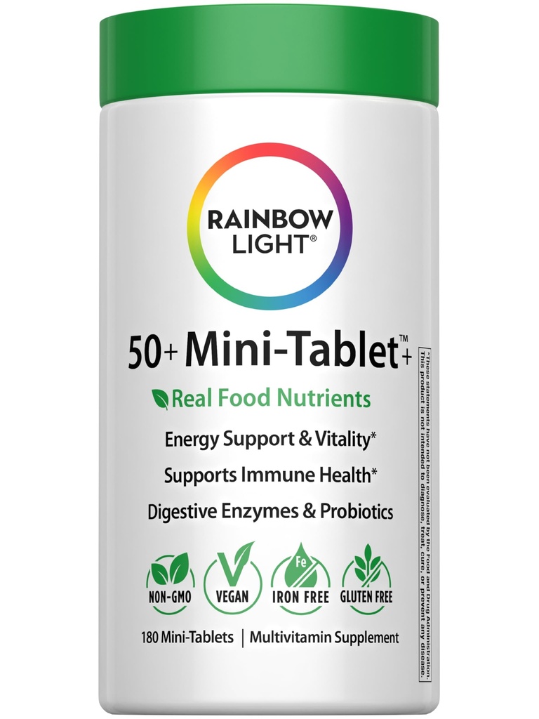 Rainbow Light - 50+ Mini-Tablet Food-Based Multivitamin - Age-defense Formula Probiotic and Antioxidant Formula; Vitamins and Minerals Support Immune, Heart, Skin, Eye, Bone and Prostate - 180 Tablets