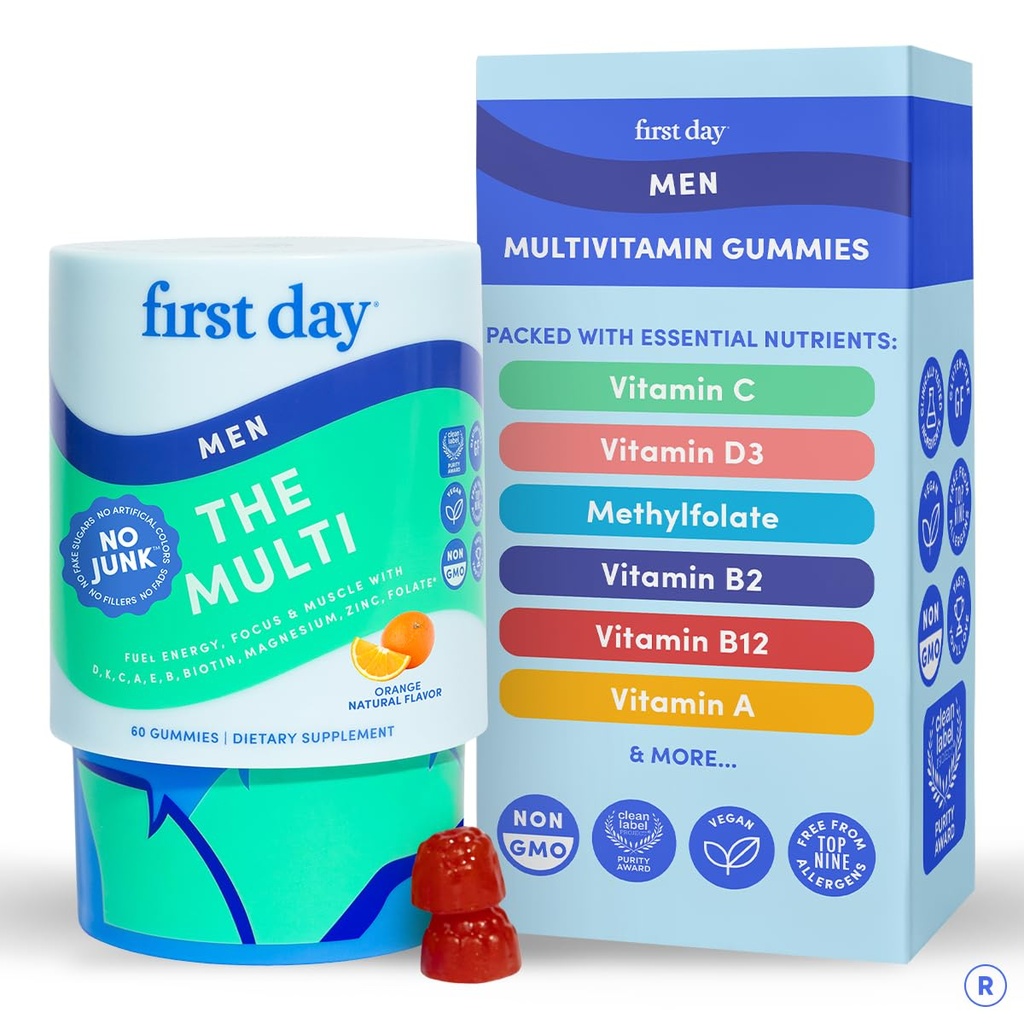 FIRST DAY Multivitamin for Men + Organic Fruit & Veggie Blend, Mens Multivitamins Gummies with 13 Key Nutrients for Energy, Focus, Immunity - Vitamins A, B1, B2, B6, B9, B12, C, D3, K - 30 Day Supply