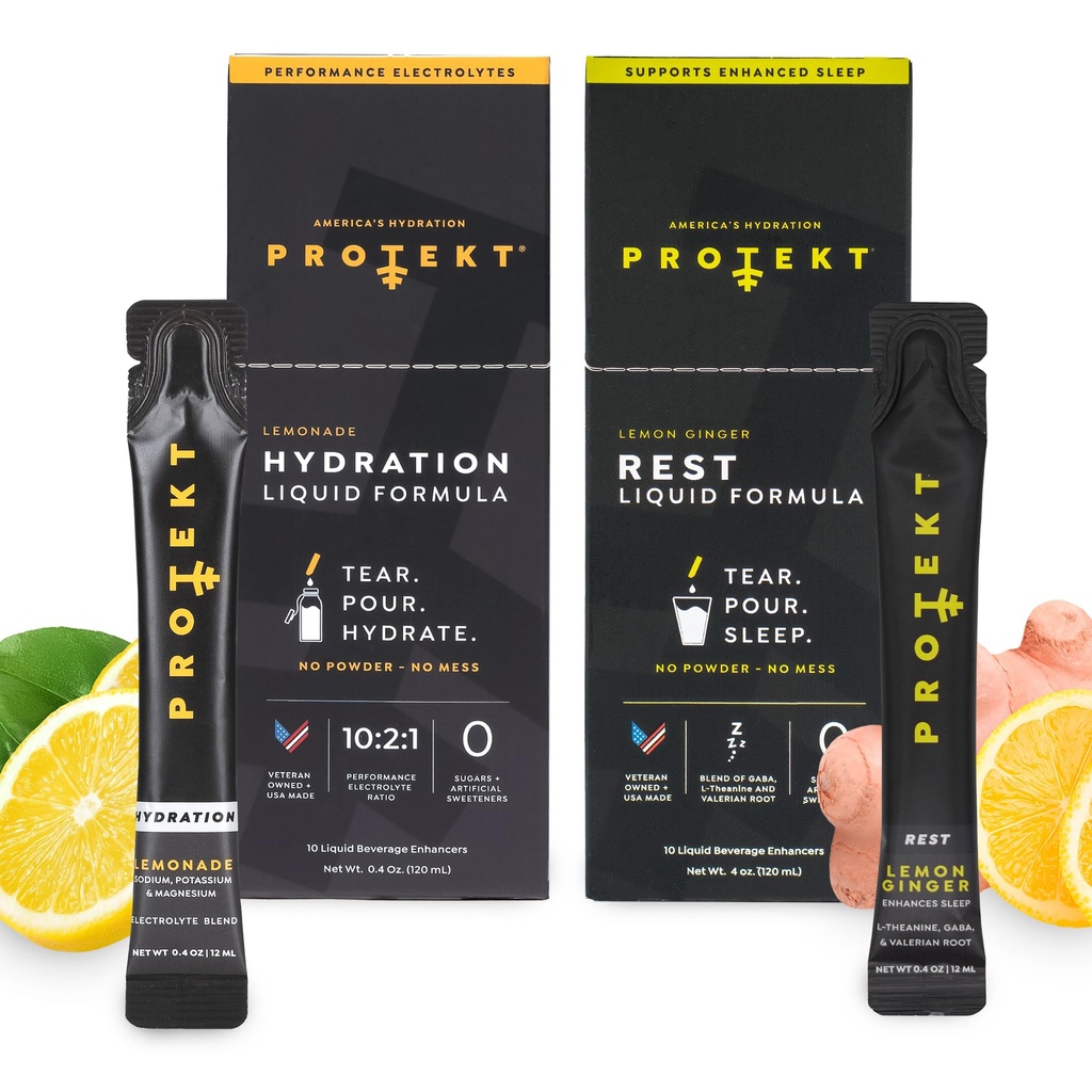 PROTEKT Electrolyte Packets for Recovery & Hydration, Lemonade, 10 Pack | GABA L Theanine Supplement | Melatonin-Free Sleep Aid for Adults, Lemon Ginger, Pack of 10