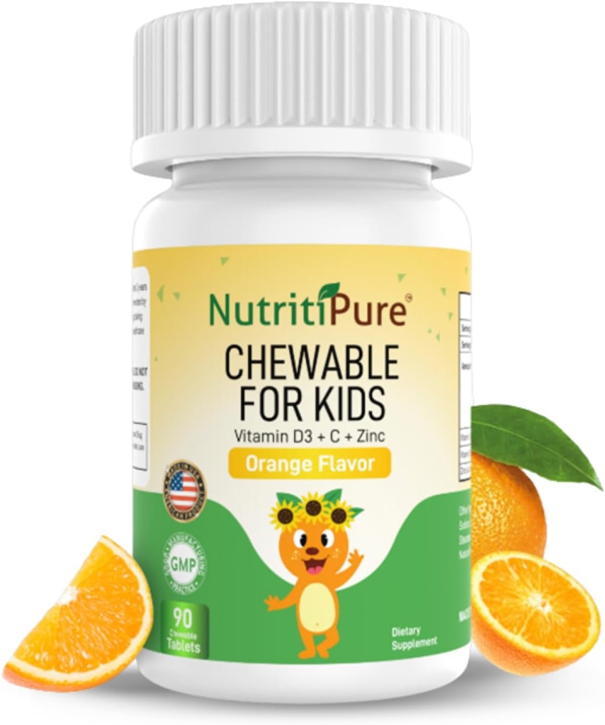 Kaubares Vitamin D3 (Cholecalciferol) 25 mcg (1000 IU) + Zink (Zinc Citrat) 5mg + Vitamin C 30mg für Kinder Orange Flavor 90/Bottle (1)