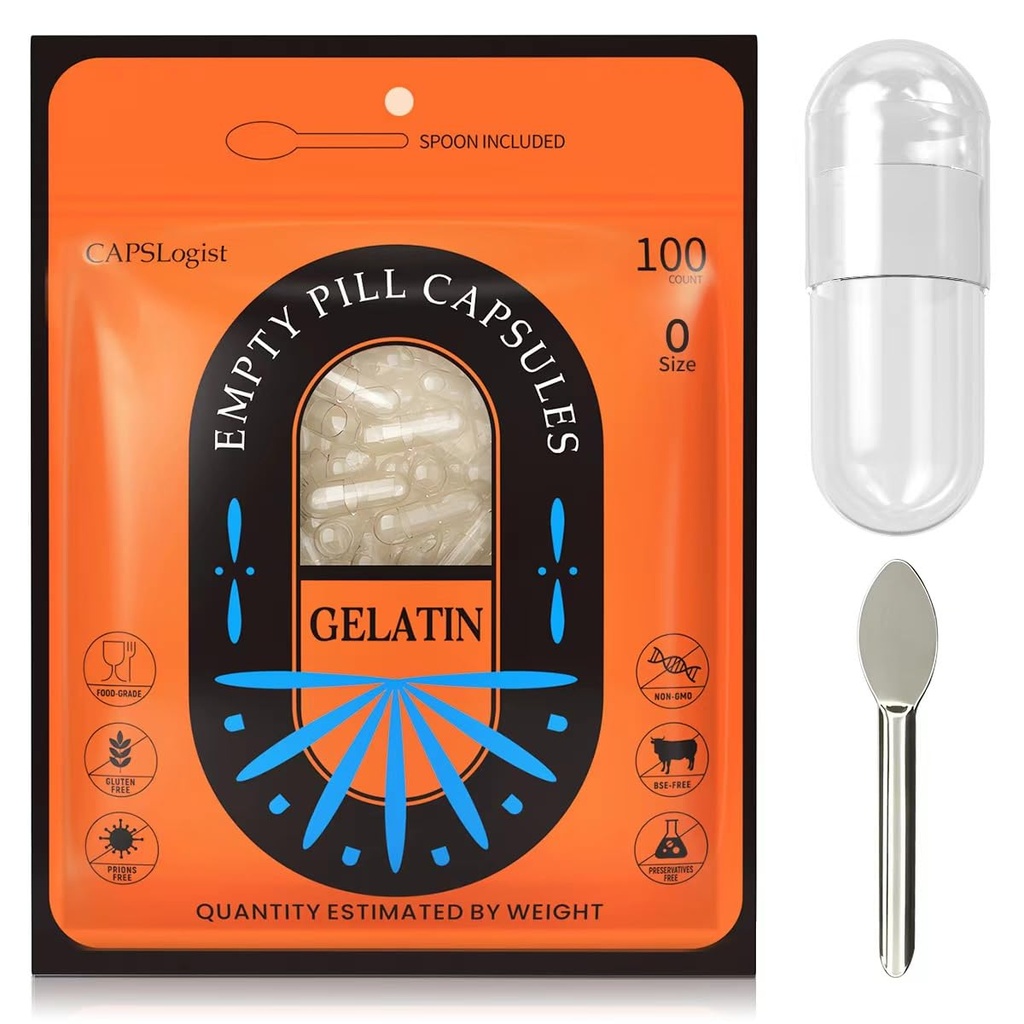 Pill Capsules Leere Größe 0, 100 Count Gelatin Kapsel mit Micro Lab Spoon, DIY Pill Capsule Füllung, Glutenfrei und nicht-GMO Zertifiziert, Klar