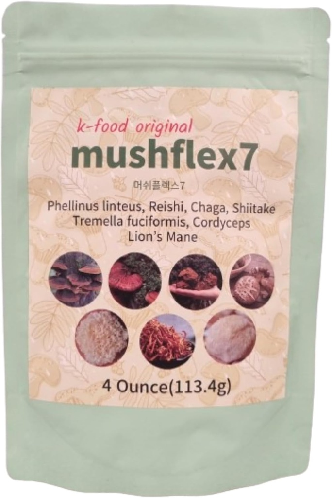 K-Food 7 Pilzpulver-Ergänzung mit Phellinus linteus, Red Reishi, Lion’s Mane, Cordyceps, Chaga, Shiitake, Tremella fuciformis, Produktion von Korea – 4 Unze