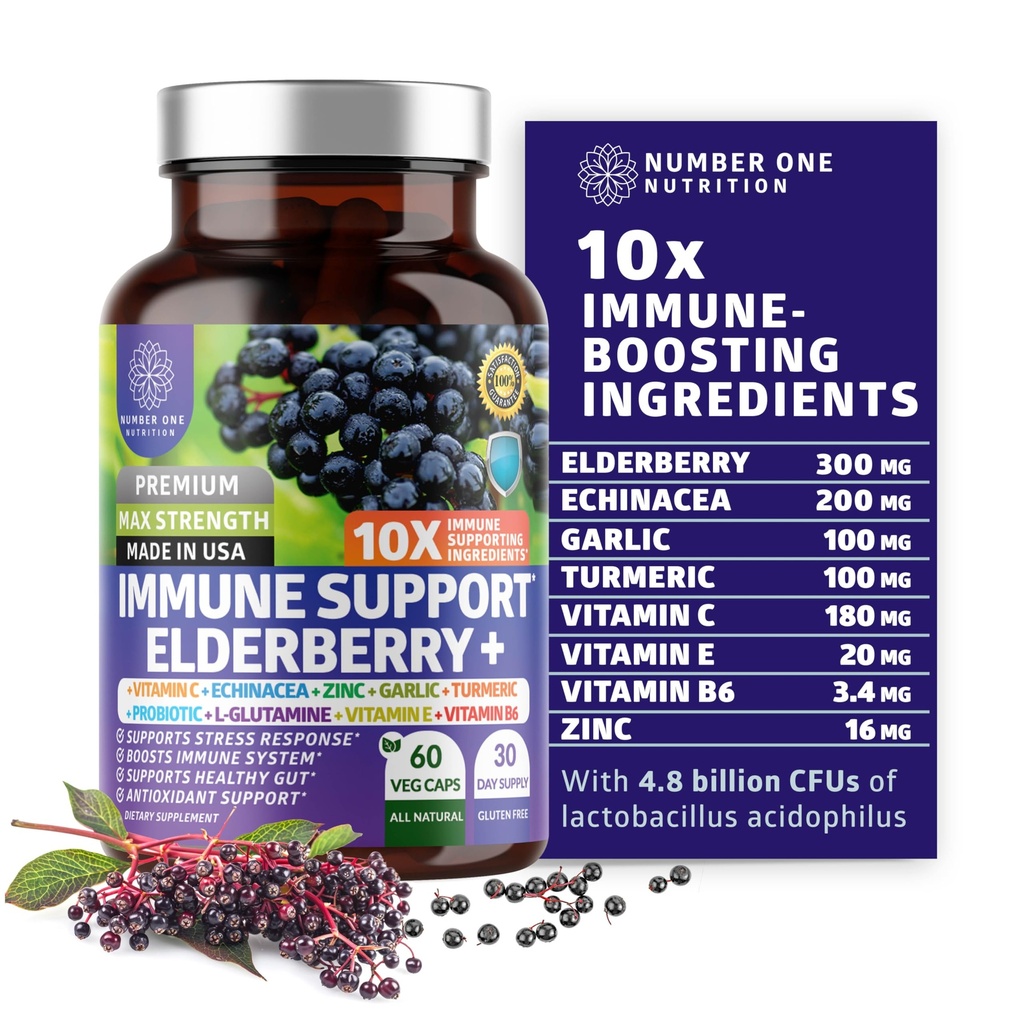 Premium 10 in 1 Immununterstützungsergänzung [10 Potent Ingredients] mit Elderberry, Vitamin C, Echinacea, Zink und Probiotikum für Immununterstützung, Gutgesundheit und bessere Verdauung, 60 Veg Caps