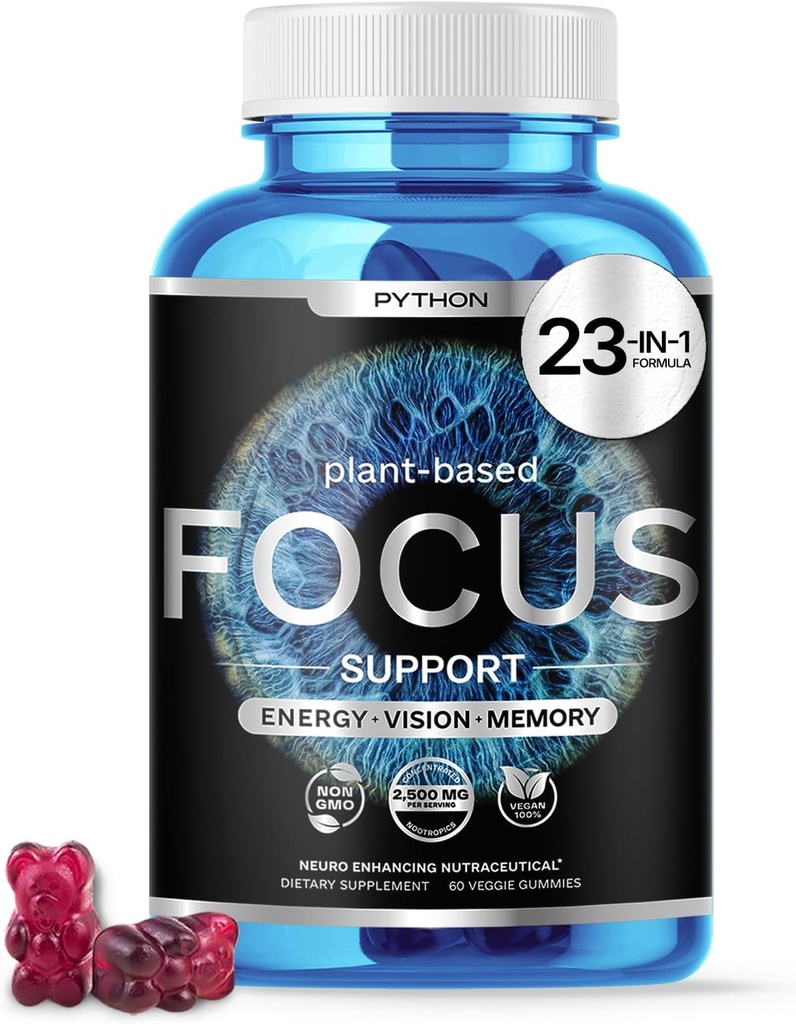 Python Focus - Nootropic Brain Supplement - Boost Memory, Konzentration & kognitive Funktion - 60 Vegan Chews mit Lions Mane, Lutein & AREDS 2 Vitamine