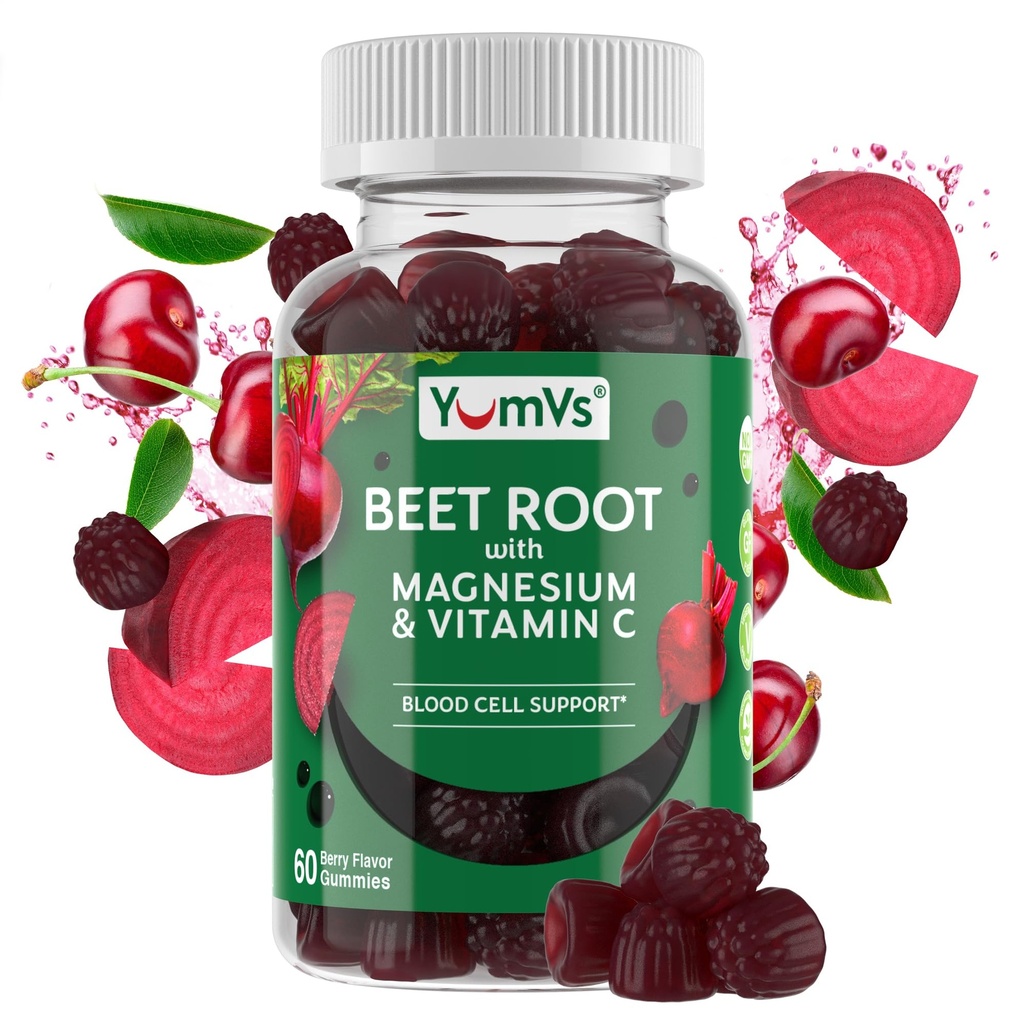 YumVs Beet Root Gummies with Magnesium & Vitamin C – Berry Flavor Beetroot Gummies – Nitric Oxide Support for Heart Health & Antioxidant Wellness – Vegan, Non-GMO – 60 Gummies