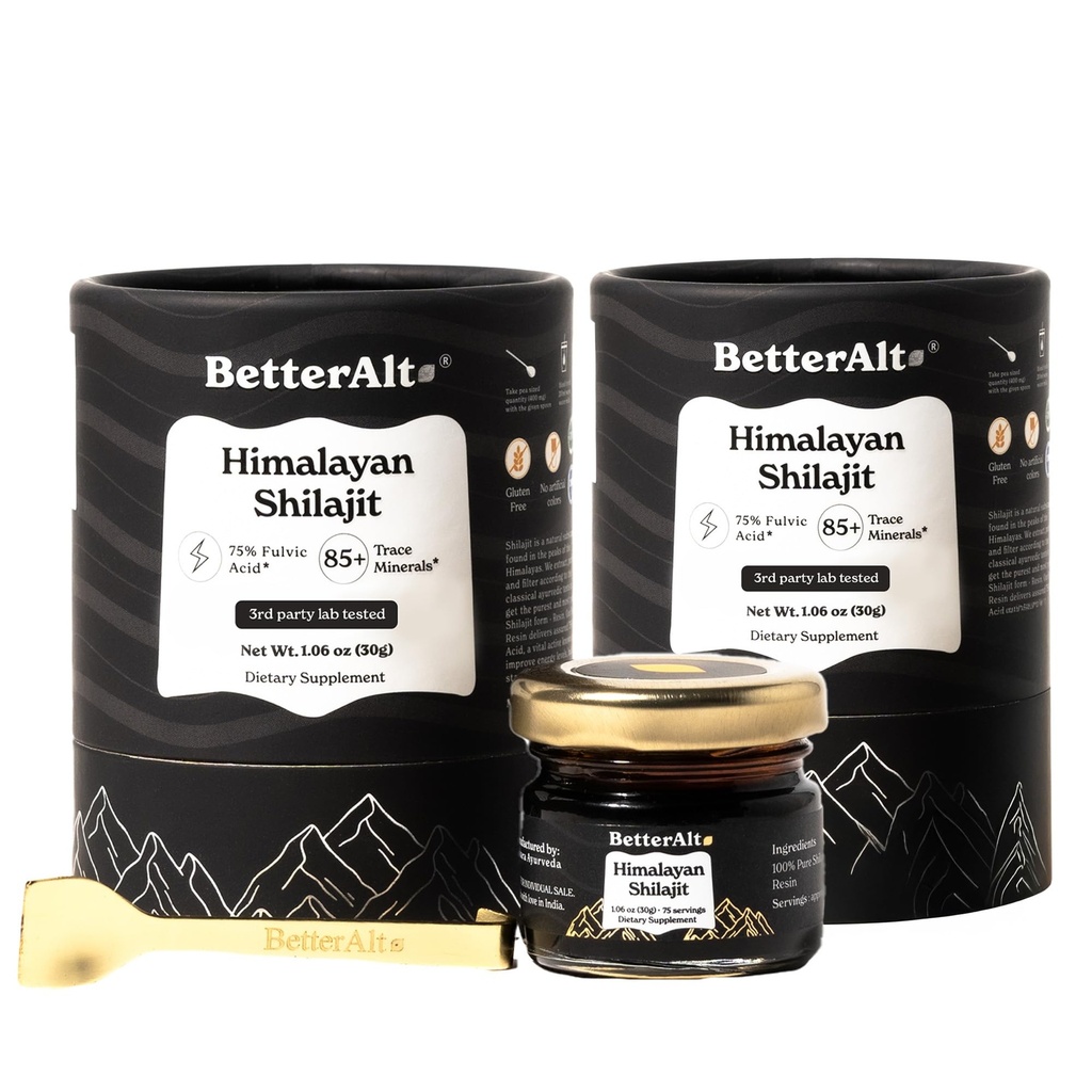 Besser Alt Pure Himalayan Shilajit Resin Pack von 2 High Potency Gold Grade 150 Servierungen für Energie Boost & Immune Unterstützung, 85+ Trace Minerals, 75% + Fulvic Acid, mit Lab Test Report, 400 mg