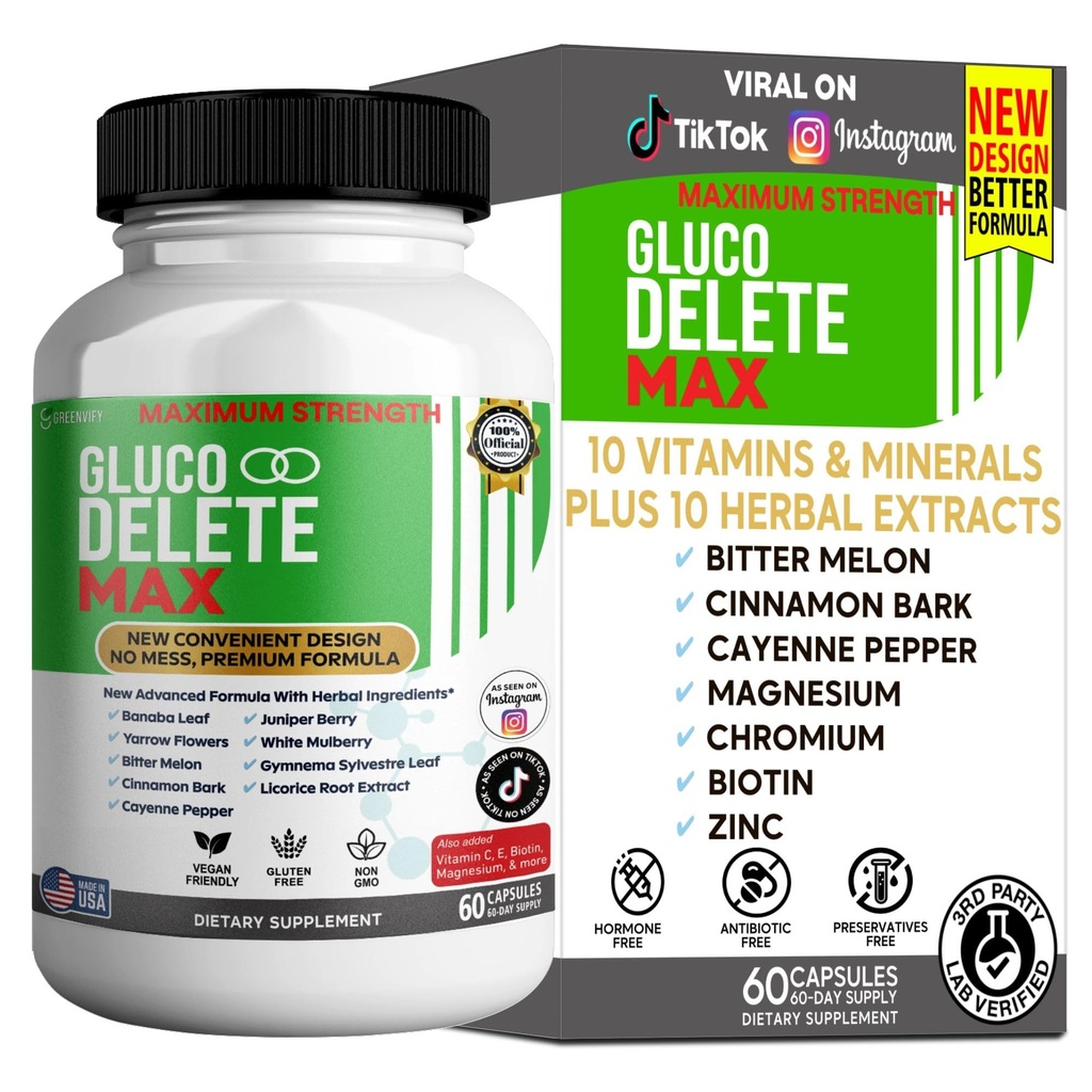 Gluco Delete Max Maximum Strength Blood Sugar Supplement, 60 Veggie Capsules, with Vitamin C, Biotin, Magnesium, Herbal Blend