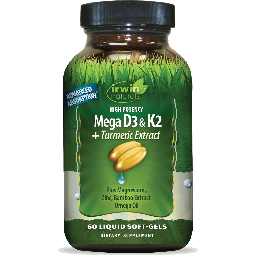 Irwin Naturals High Potency Mega D3 & K2 + Estratto di curcuma — 60 Liquid Soft-Gels