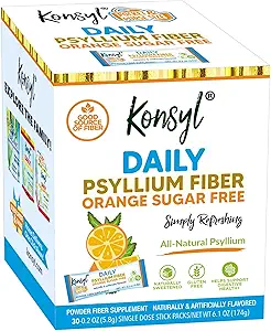 Konsyl Daily Fiber Arancione 100% Natural Psyllium Husk Powder - Sugar Free e Gluten Free - 30 Stickpack individuali