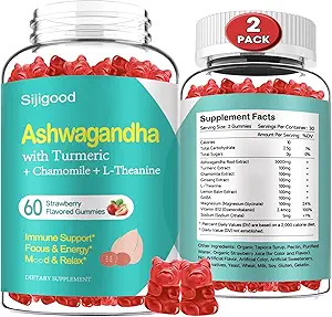 2 Pack de Gummées Ashwagandha avec L-theanine, supplément de racine Ashwa Gummy pour les femmes hommes, 120 Gummées parfumées fraises