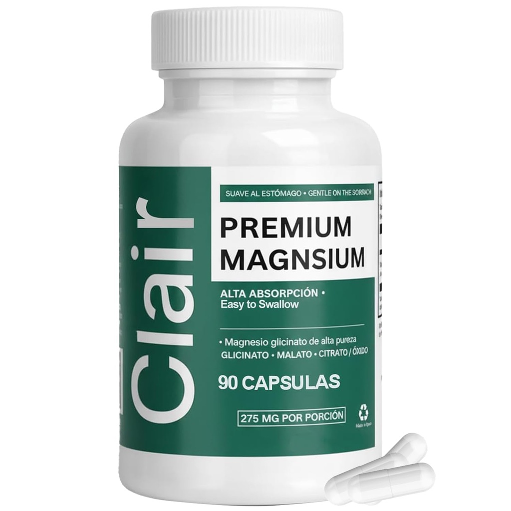 Clair Magnesio Premium, Clair de alta absorción Suplemento de magnesio, Premium Magnesium Glycinate, Sin Gluten ni SOJA, Ingredientes sin OGM, Suave para el estómago, 90 cápsulas