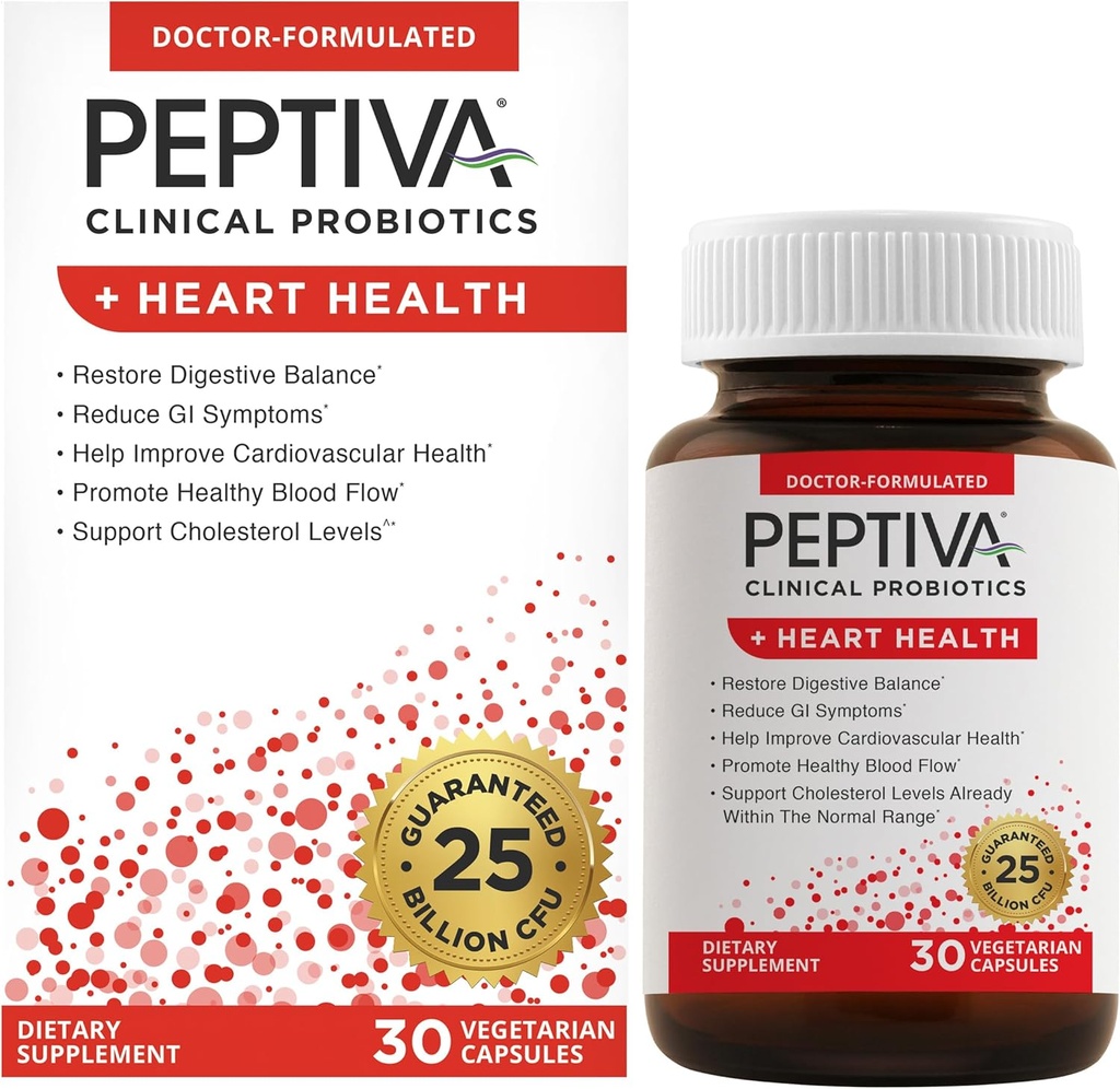 Peptiva Probiotics salute del cuore - Supplemento di supporto per la salute del cuore, 25 miliardi di CFU, Probiotici multi-straina, Lactobacillus Acidophilus, Bifidobacterium, Supporto digestivo - 30 capsule vegetariane