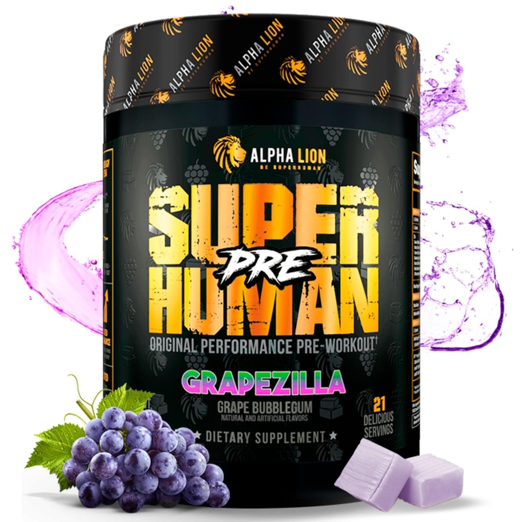 ALPHA LION Superhuman Pre Workout Powder, Beta Alanine, L-Taurine & Tri-Source Caffeina per energia e messa a fuoco, Nitric Oxide & Citrulline per pompa (21 Serve, Grapezilla)