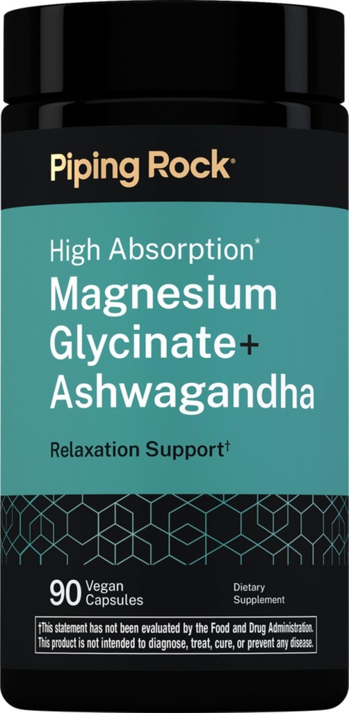 Piping Rock Magnesium Glycinate & Ashwagandha Complex Supplement | 90 Vegan Capsules | High Absorption Pills | Non-GMO, Gluten Free