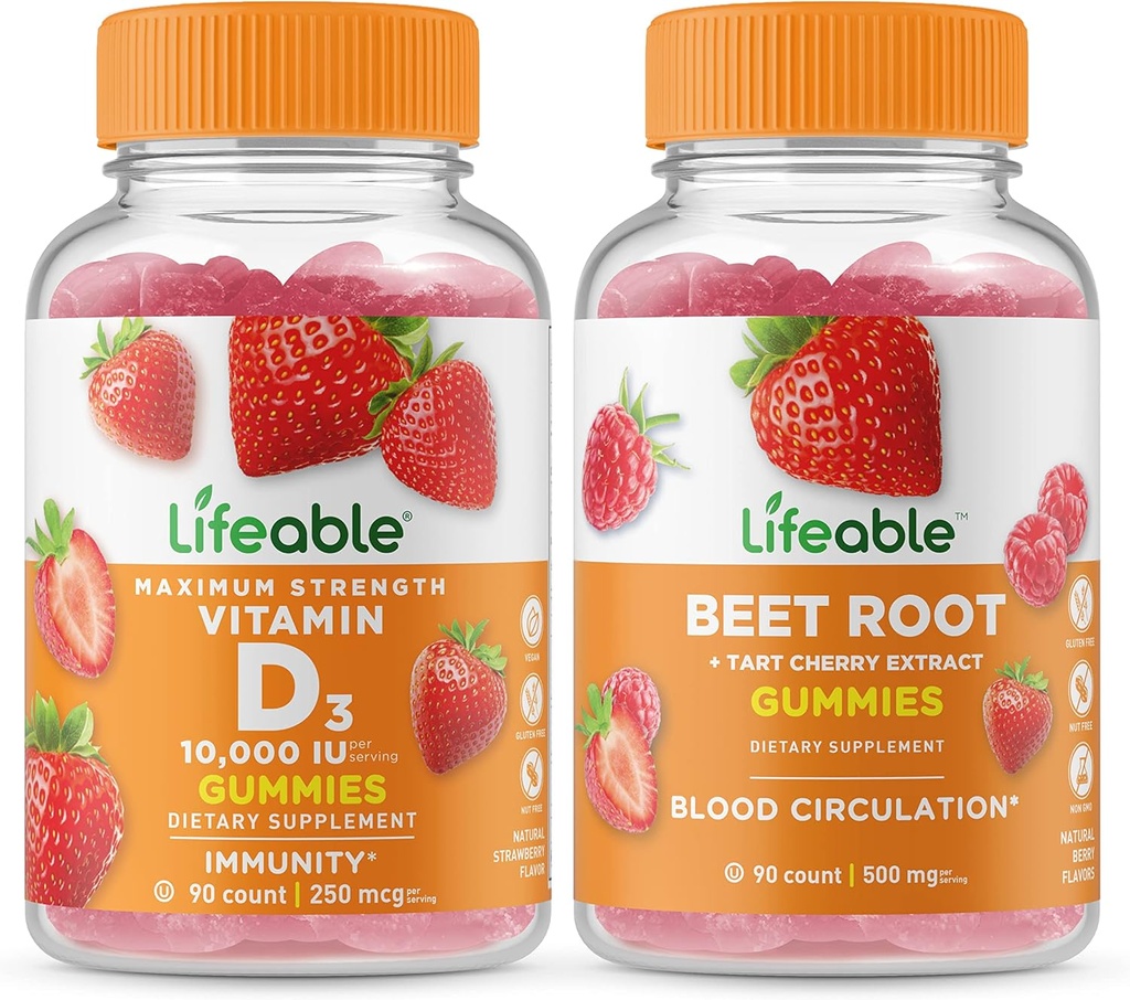 Lebensfähiges Vitamin D 10000 IU + Beet Root, Gummies Bundle - Große Verkostung, Vitamin-Ergänzung, Glutenfrei, GMO frei, Kaugummi