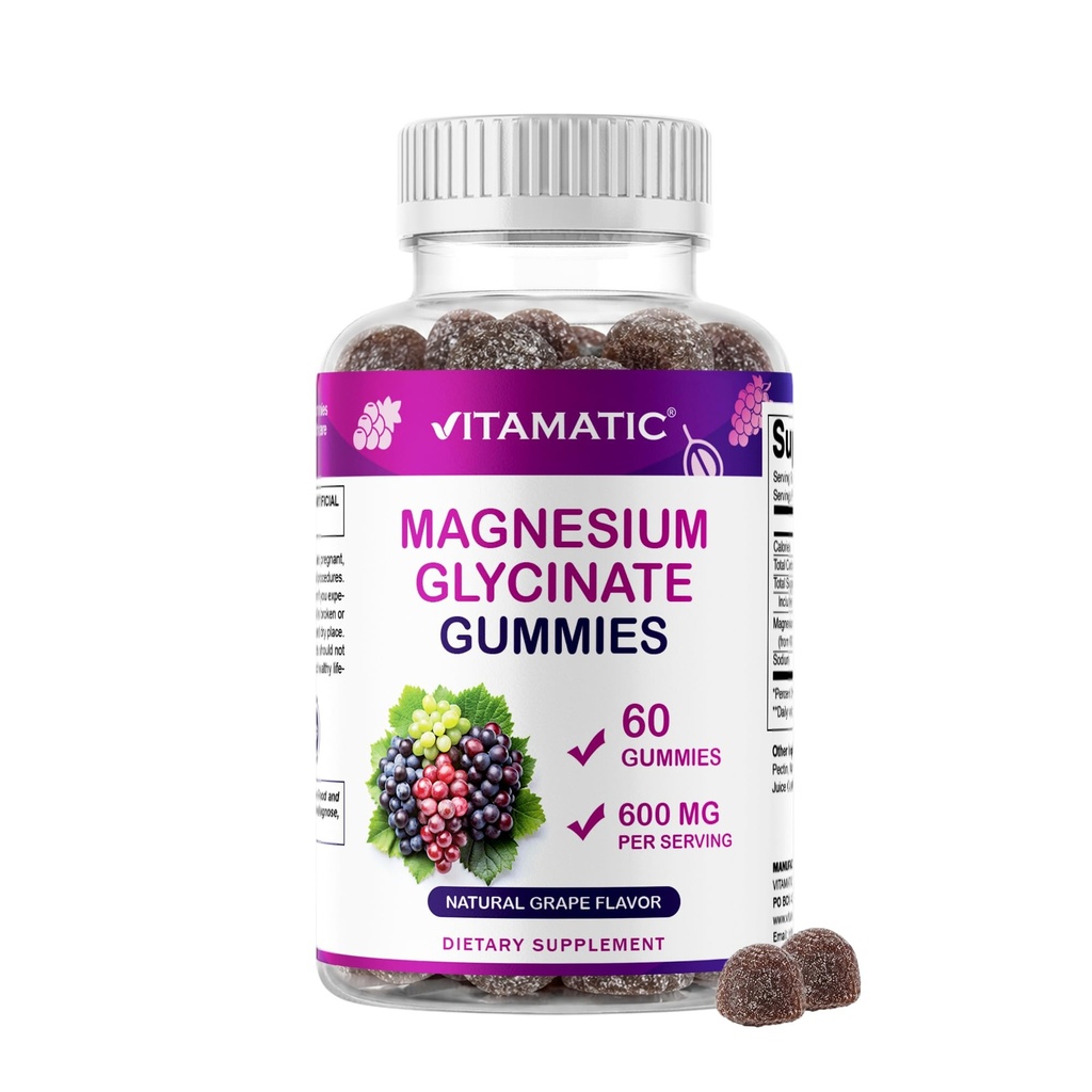 Vitamatic Magnesium Glycinate Gummies 600 mg per Serving – 60 Ct – Natural Grape Flavor – Non-GMO, Gluten Free