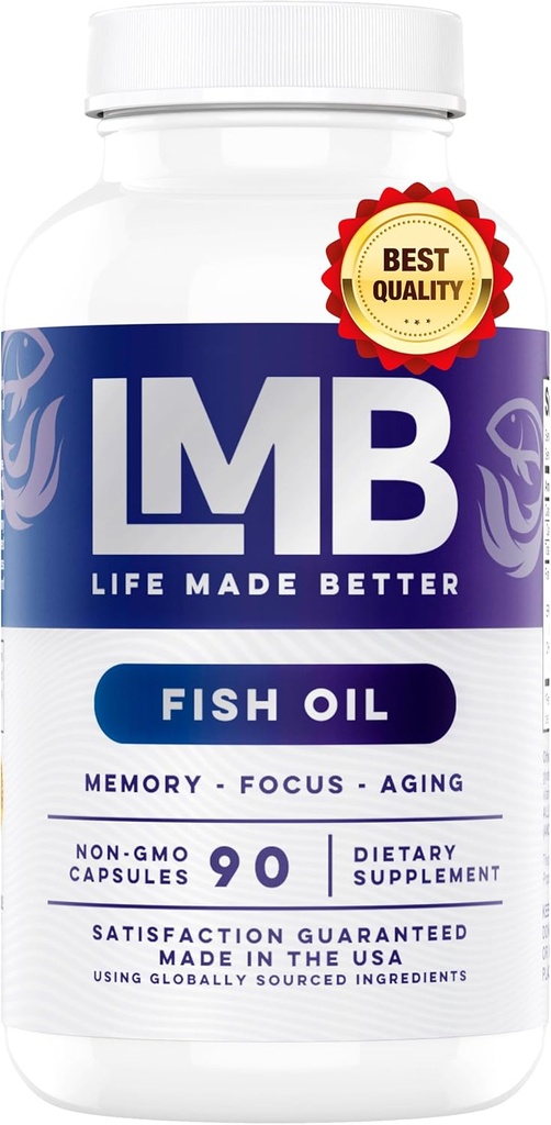 Wild Caught Omega 3 Fish Oil 3000mg - Triple Strength Burpless DHA 900mg + EPA 1200mg Non-GMO - Enteric Coated with No Aftertaste - LMB (90 Soft Gels)
