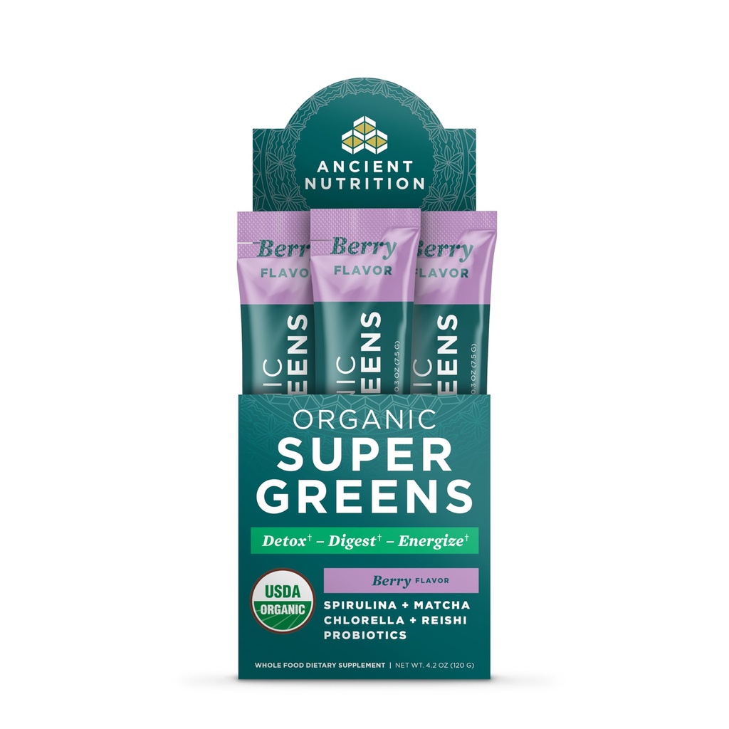 Antica Nutrizione SuperGreens Polvere con Probiotici, Verdi organici di aroma di bacche, fatti da frutta reale, verdure e erbe, supporto digestivo ed energetico, 16 Stick Packs, 4.2oz