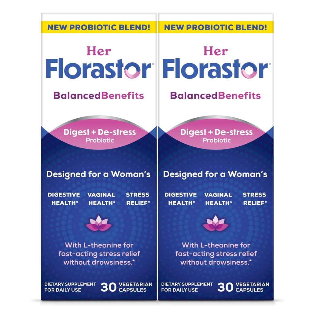 Florastor Probiotics for Women, Digest and De-Stress, Probiotics for Digestive Health, Vaginal Probiotic, and L-Theanine for Mind and Body Wellness, 60 Capsules