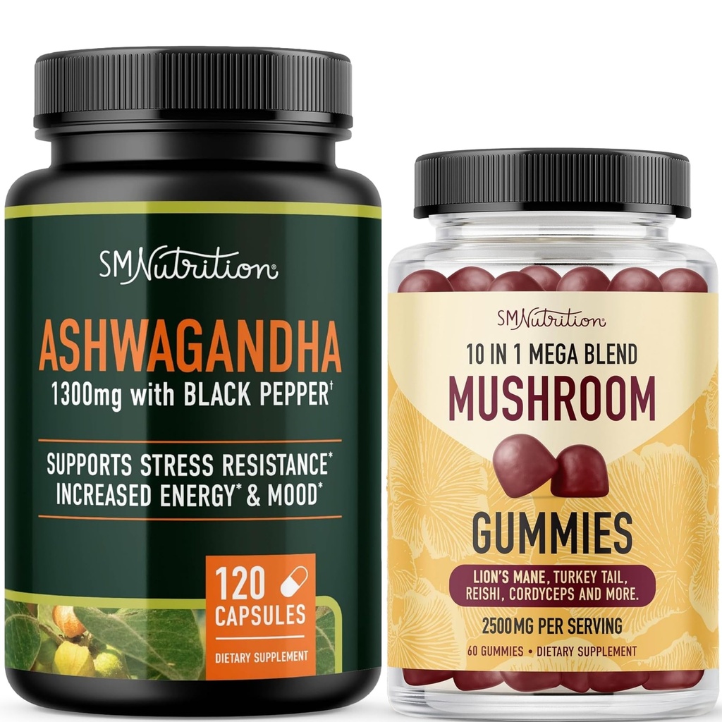 SMNutrition Mushroom Gummies & Ashwagandha with Black Pepper | Herbal Adaptogen Bundle with 10 Mushroom Complex (30 Servings) and Ashwagandha Capsules (60 Servings)
