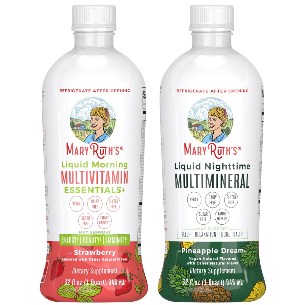 MaryRuth's Liquid Morning Multivitamin (Strawberry) & Liquid Nighttime Multimineral (Pineapple) | Clean Label Project Verified® | Vitamine e Magnesio per l'energia, Bedtime, &amp; Health | Vegan