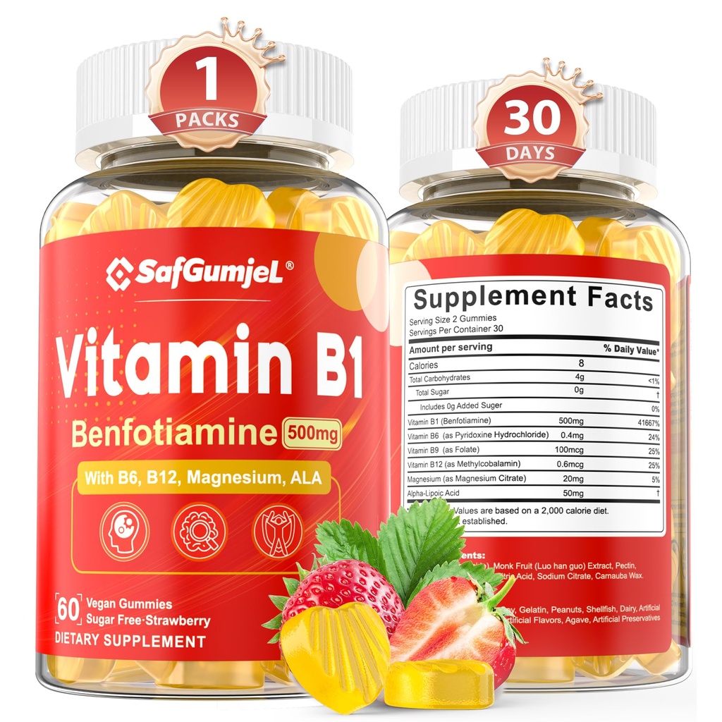 Vitamin B1 Gummie | Benfotiamin 500mg mit Vitamin B6 B9 B12 & Magnesium für Nerve Gesundheit, Energie & Stoffwechsel Unterstützung | Zuckerfrei, Non GMO, Vegan, 60 Zähler