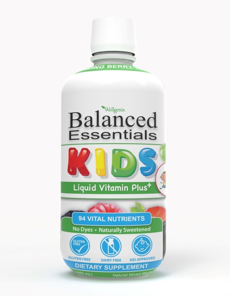 Wellgenix Balanced Essentials Kids Liquid Multivitamin – 94 Nutrients Including Vitamins, Minerals & Omega Fatty Acids – Mixed Berry Flavor – 16 fl oz