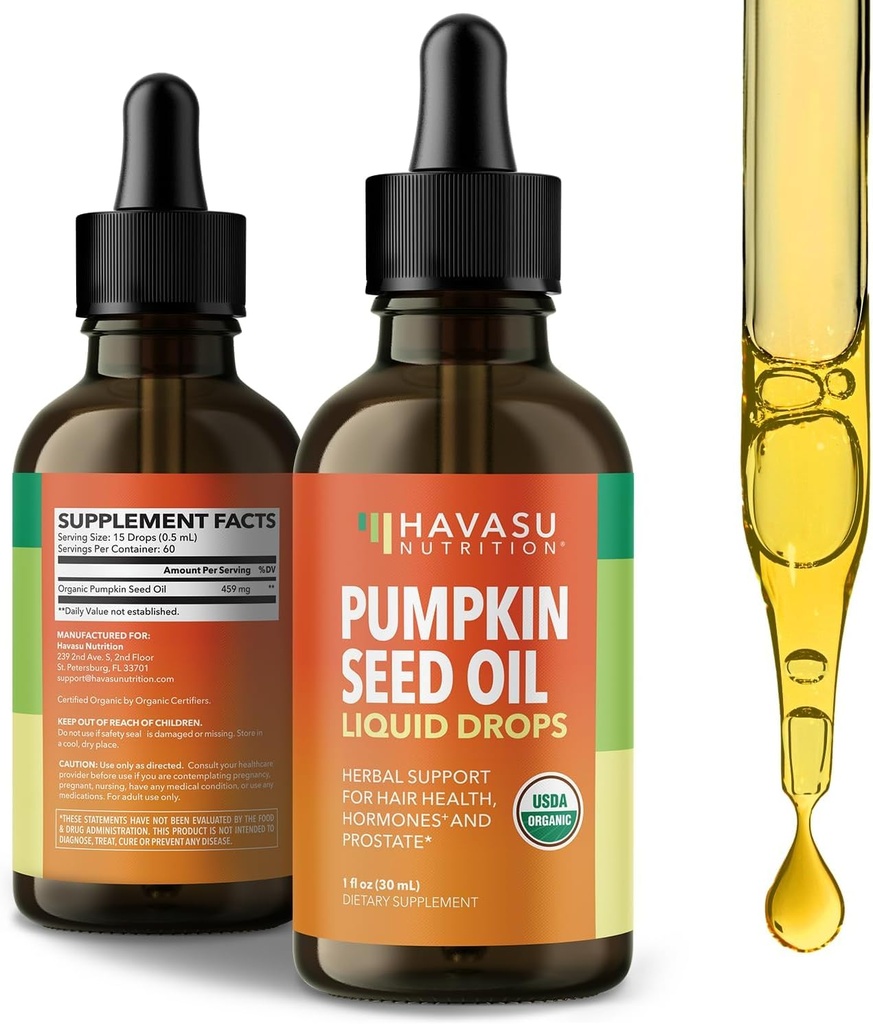 Olio di semi di zucca - USDA Organic - Pressato a freddo per capelli, prostata e supporto dell'ormone - Alimentazione di 2 mesi - Gocce liquide per gli uomini e le donne - Vegan, Non OGM e Gluten Free - Non aromaed, 1 Fl Oz