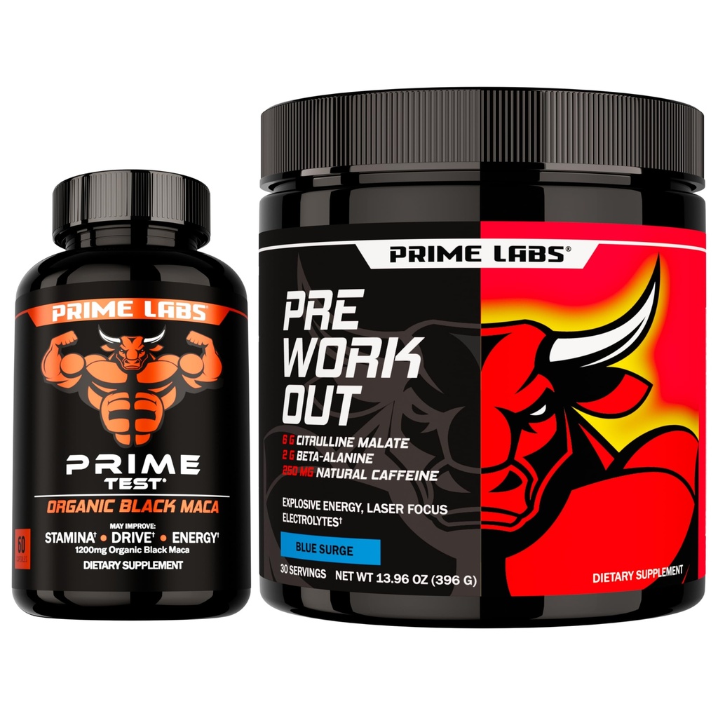 Prime Labs Organic Black Maca Capsules (60 ct) + Pre Workout Powder Supplements