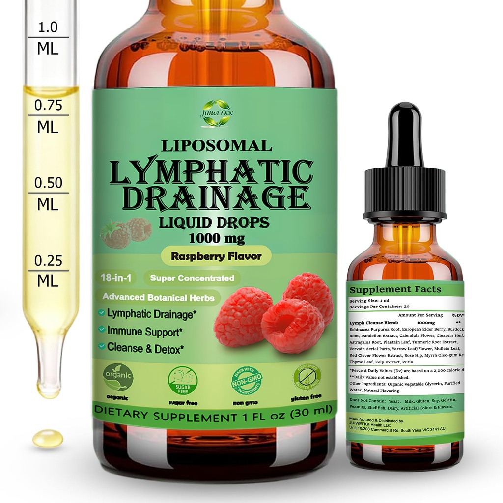 Lymphatic Drainage Drops, 18-in-1 Herbal Lymph System Support w. Echinacea Elderberry Dandelion Burdock Root Cleavers for Lymphatic Cleanse Detox Immune Support, Liposoaml for Max Absorption