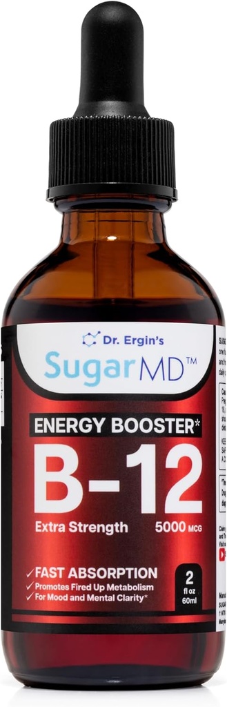 SugarMD Vitamine B12 5000 mcg gouttes liquides – 2 fl oz (60ml) gouttes d'énergie pour les femmes et les hommes – B12 gouttes liquides sans OGM et sans gluten avec formule d'absorption maximale