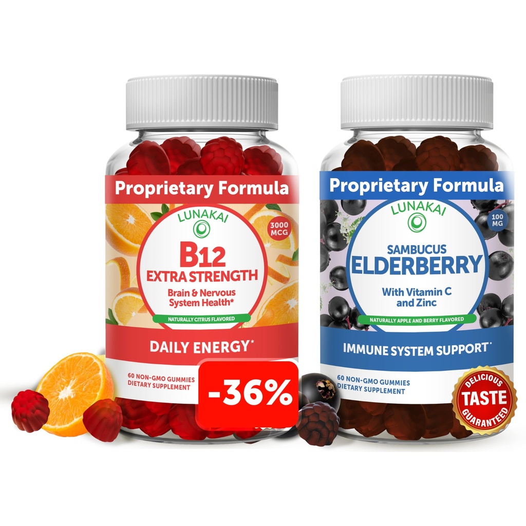 Lunakai Vitamina B12 e Elderberry Gummies Bundle - 3000 mcg Gomma per Adulti Energy Support e Bone Salute - Integratore di Supporto Immune con Zinco e Vitamina C