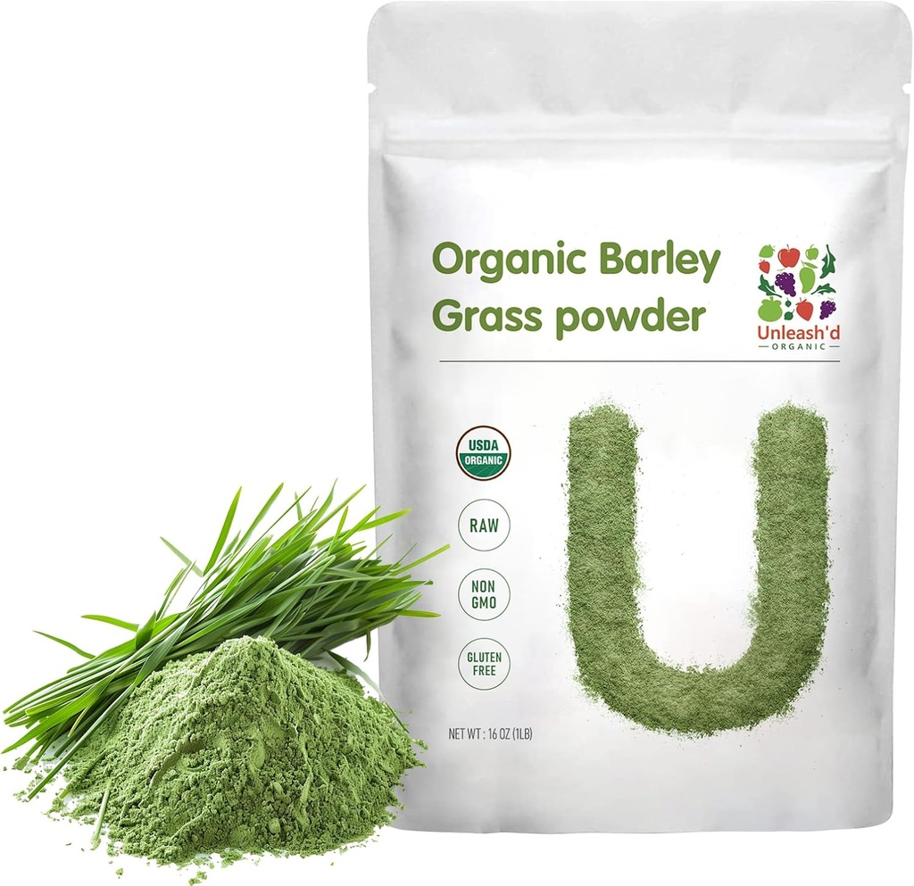 UNLEASH'D ORGANIC Gerste Gras Pulver 1 Pfund 100% rein & Bio, Superfood Grüns Reich an Vitaminen, Mineralien, Fasern und Antioxidantien