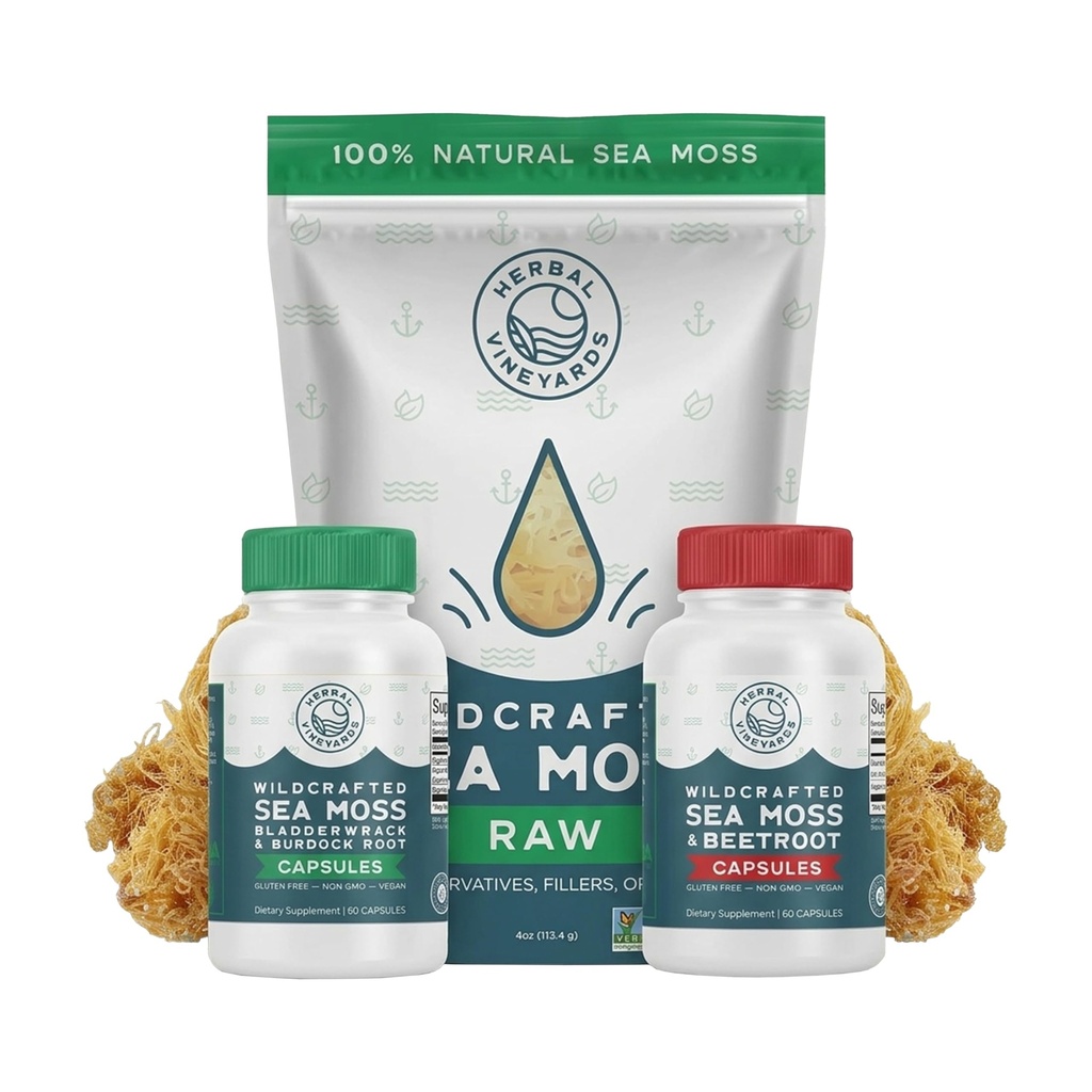 Herbal Vineyards Organic Wildcrafted Sea Moss Bundle – Gold Raw SeaMoss 4oz + Seamoss, Bladderwrack & Burdock Root Capsules 1500MG + Sea moss & Beetroot Capsules (60 Count Each) | Non-GMO, Vegan