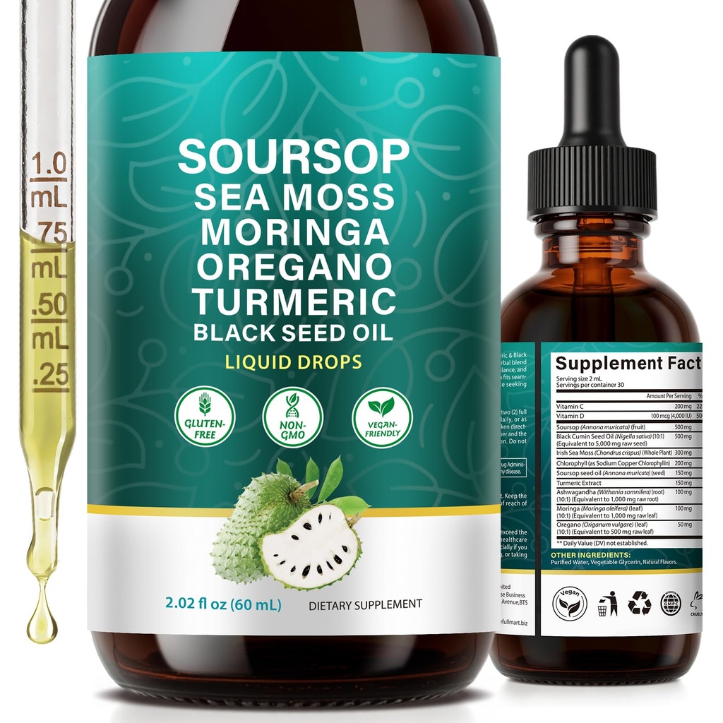 Soursop Bitters Liquid Drops 3000mg | 10-in-1 Soursop Leaf Extract Complex with Sea Moss, Black Seed Oil, Turmeric, Moringa, Ashwagandha & Oregano | High Absorption Vegan Immune Support, 2 Fl Oz