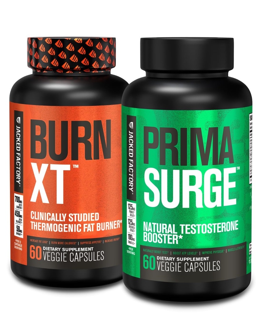 Brûleur de graisse et booster de testostérone Jacked Factory pour hommes - Brûleur de graisse thermogénique Burn-XT et booster de testostérone PRIMASURGE pour hommes