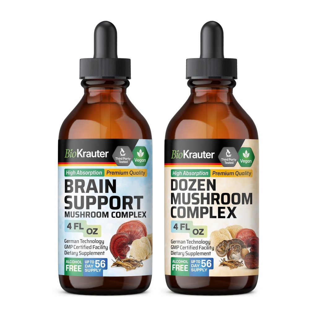 BIO KRAUTER Brain Support Mushroom Tincture 4 Fl. Oz. & Dozen Mushroom Tincture 4 Fl. Oz.