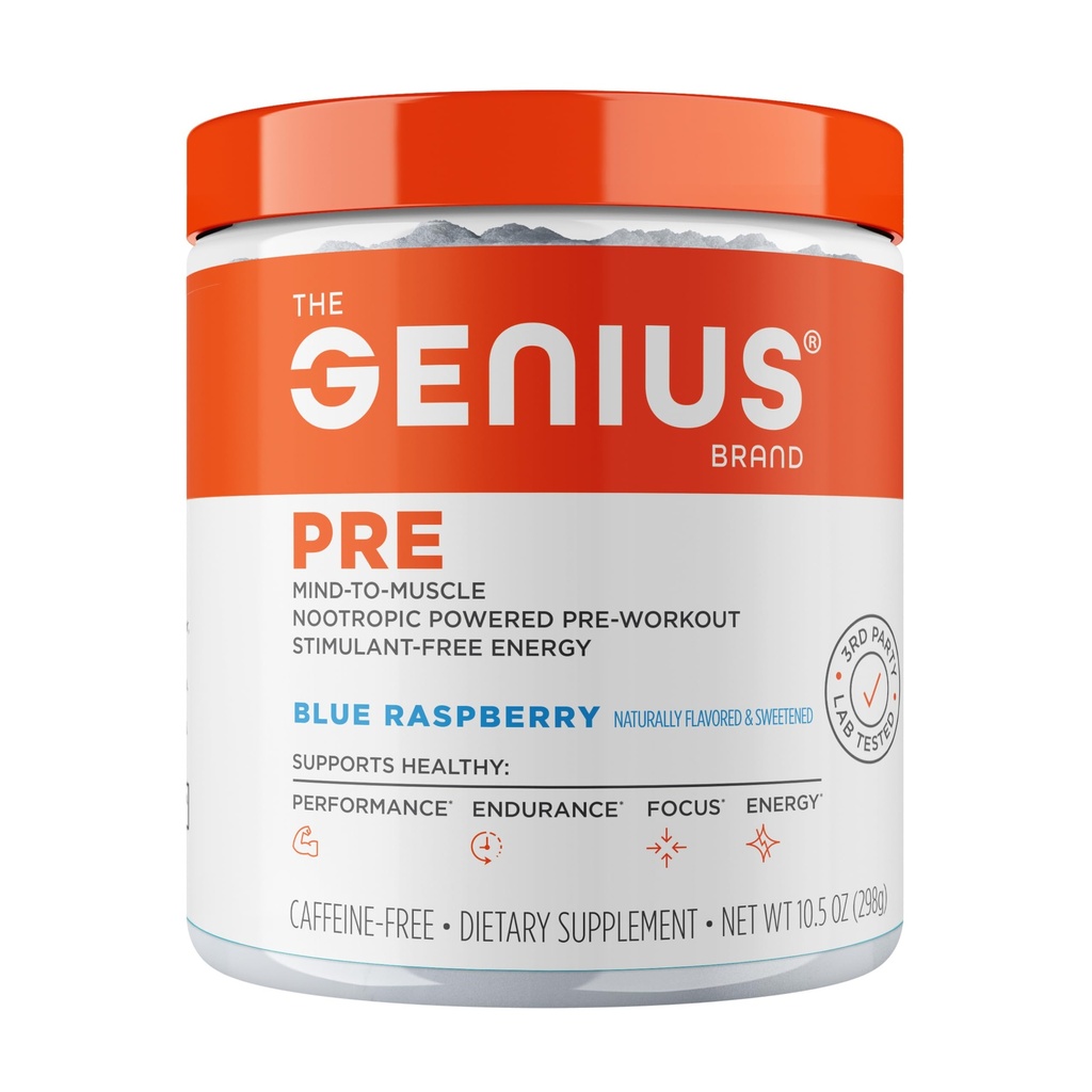 La marque Genius Genius Pre - Poudre de pré-entraînement propre pour l'énergie, le focus et le soutien de la condition physique - Pas d'arôme artificiel, de conservateurs ou de mélanges propriétaires - Non-OGM - 20 portions - Blue Raspberry