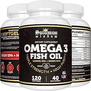 SOLOMON WISDOM Omega 3 Huile de poisson - Supplément diététique pour le coeur et le cerveau en santé - 120 Capsules de gel souple avec haute EPA 1200mg et DHA 900mg - sans Burpless, sans odorat au citron naturel