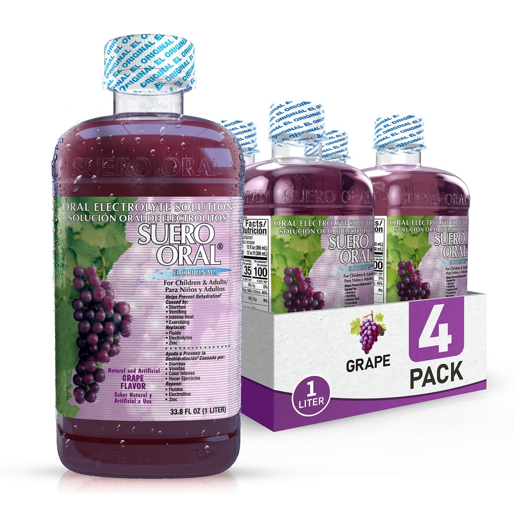 Electrolyte Solution - Electrolytes Drink, Hydration Booster & Rehydration Drink for Kids & Adults, Hydrates, Replenishes, Energizes, Grape Flavor, 1 Liter (4 Pack)